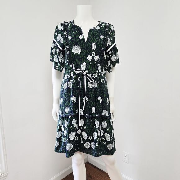 Rungolee Anthropologie Dress Small Womens Floral Belted Silk Short Sl Fit Flare - Picture 1 of 16
